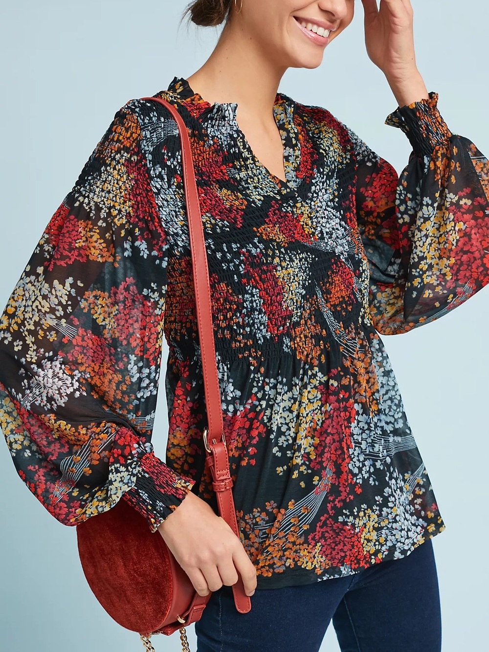 Anthropologie Akemi + Kin Smocked Floral Blouse Black Multi M